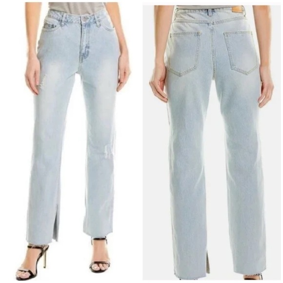 Avec Les Filles Denim - Avec Les Filles Distressed Jeans with Slit Hem in Powder Blue Light Wash Sz 30